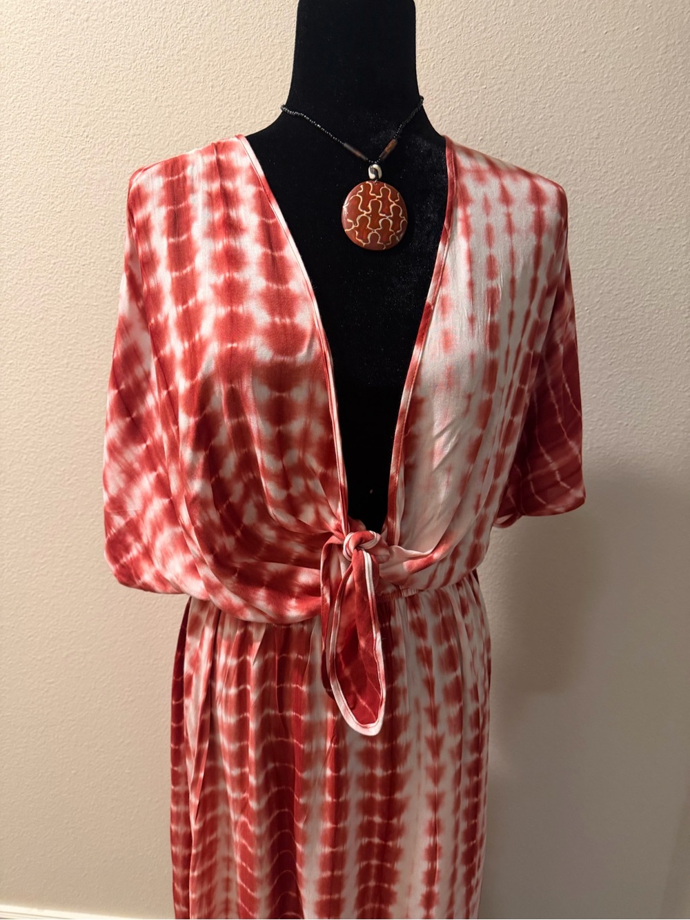 Tie-Dye Red Midi Dress with Front Tie - Picture 2 of 7
